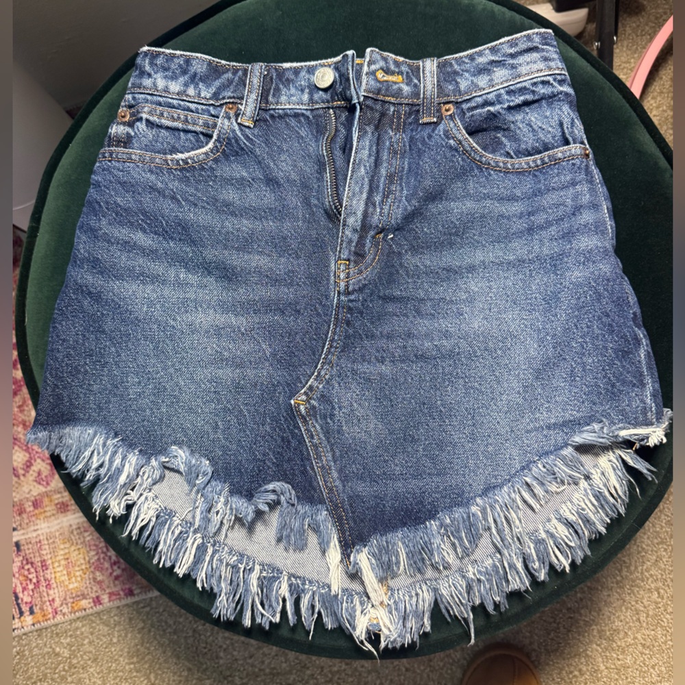 Free People Blue Frayed Denim Mini Skirt